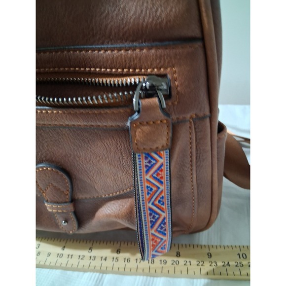 Fadeon Cognac Brown Vegan Leather Mini Backpack Woven Trim Boho main image 5